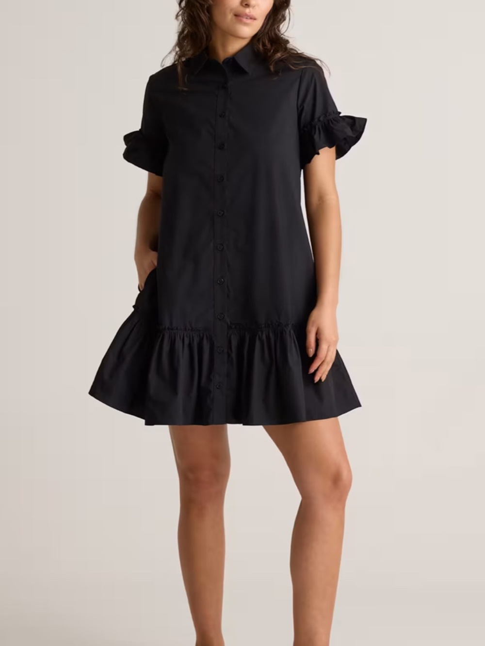 100% Organic Cotton Poplin Short Sleeve Ruffle Shirt Dress in Black, Size Small